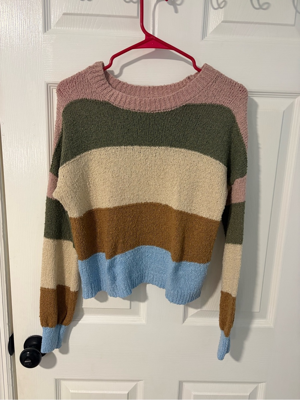 miami Striped Crewneck Sweater in Pink, Olive, Cream, Brown & Blue